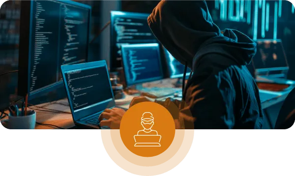 Fondo temático tecnológico con un icono naranja en la parte inferior central y una persona dentro del icono en un ordenador.