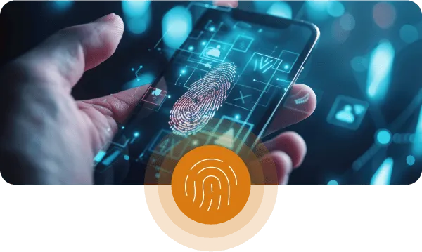 Huella dactilar en el fondo del teléfono móvil con un icono naranja en la parte inferior central, con una huella dactilar blanca dentro del icono