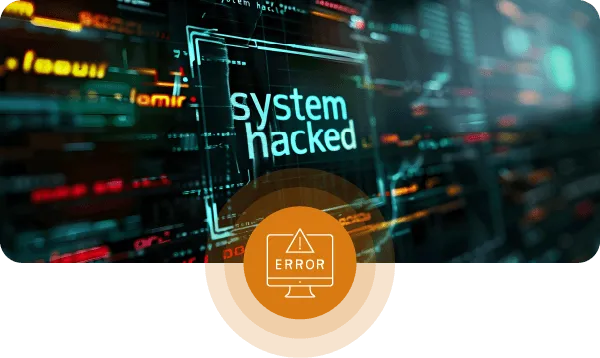 Fondo tecnológico con un icono naranja en la parte inferior central, un icono de ordenador blanco en su interior y un icono de error dentro del ordenador.
