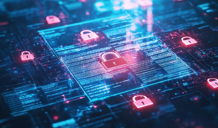 Los padlocks protegen una red digital, representando a Dmarc como una sólida protección de ciberseguridad.