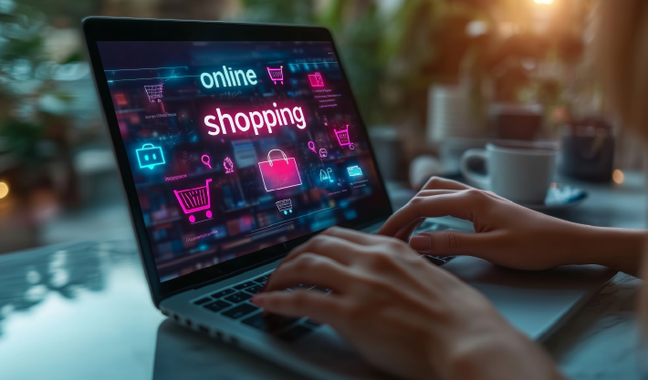 Las palabras "Online Shopping" aparecen en un ordenador portátil, con un fondo de iconos de compras. Muestra la experiencia de un comprador.
