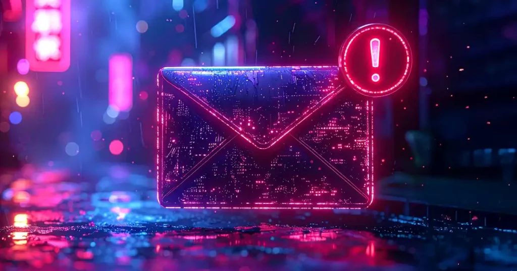 Sobre de correo electrónico brillante en un entorno digital con una alerta