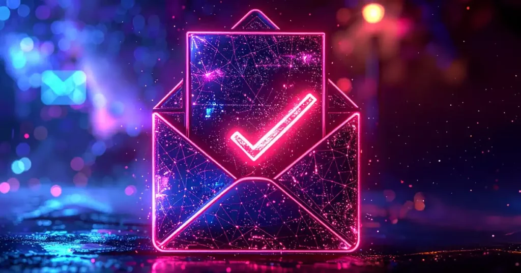Sobre de correo electrónico abierto y brillante en un entorno digital con una marca de verificación.