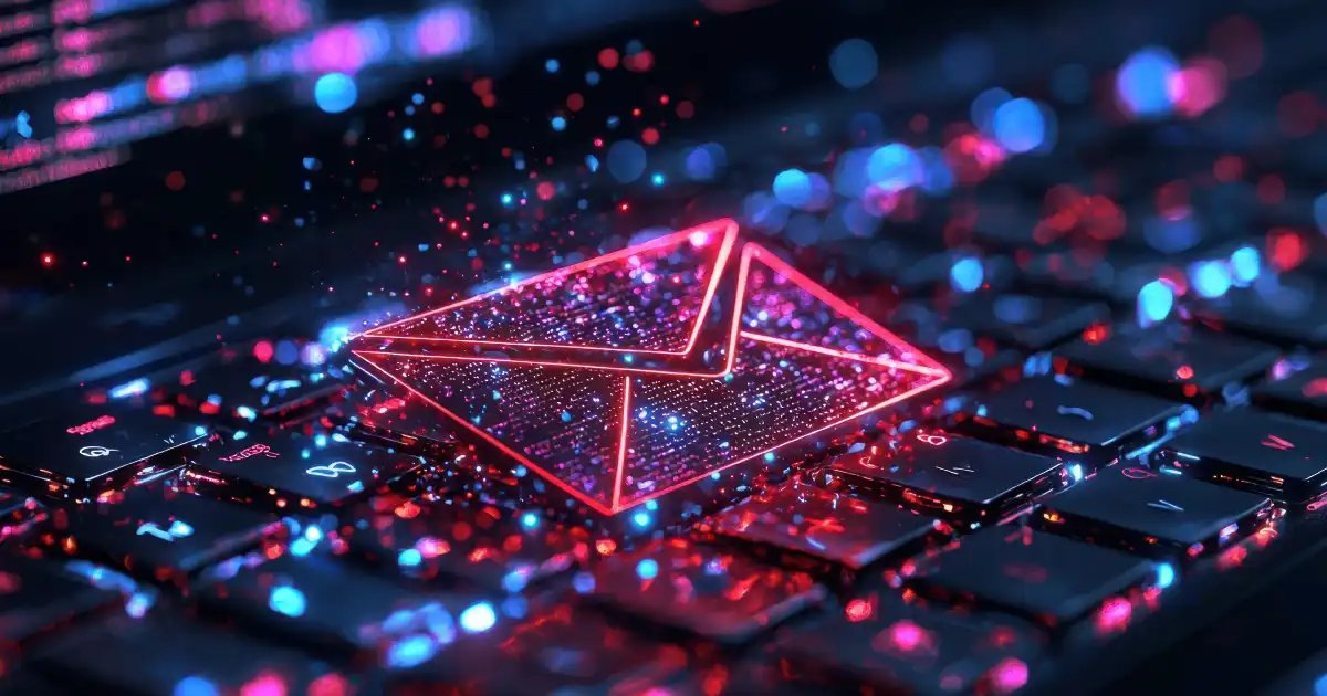 Un sobre de correo electrónico de color rosa brillante sobre un teclado