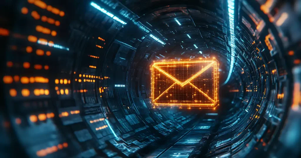Icono de correo electrónico digital flotando en un entorno cibernético