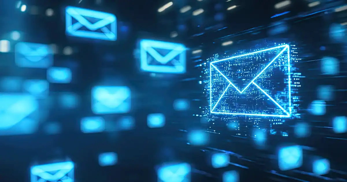 Iconos de sobres azules de correo electrónico flotando en el ciberespacio