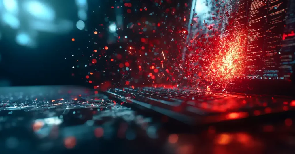 Portátil digital del que salen piezas rojas que explotan por la pantalla