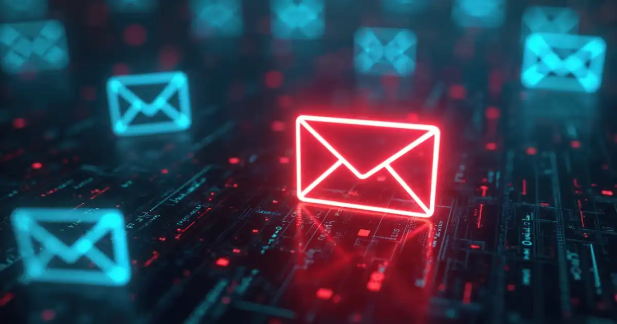 Un sobre de correo electrónico rojo junto a sobres de correo electrónico azules en un entorno digital