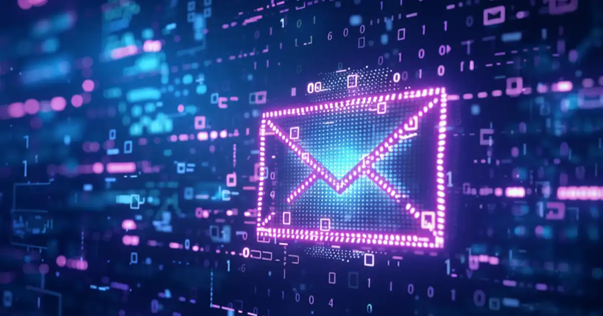 Sobre de correo electrónico digital en tonos morados y azules en un entorno cibernético
