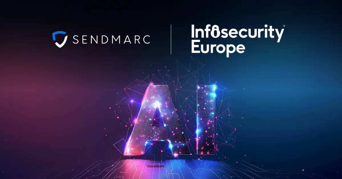 Los logotipos de Sendmarc e Infosecurity Europe sobre un fondo digital azul y rosa brillante, con las letras «AI» en negrita debajo