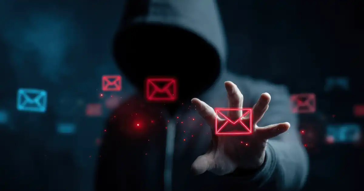 Un hacker con capucha y un sobre rojo de correo electrónico