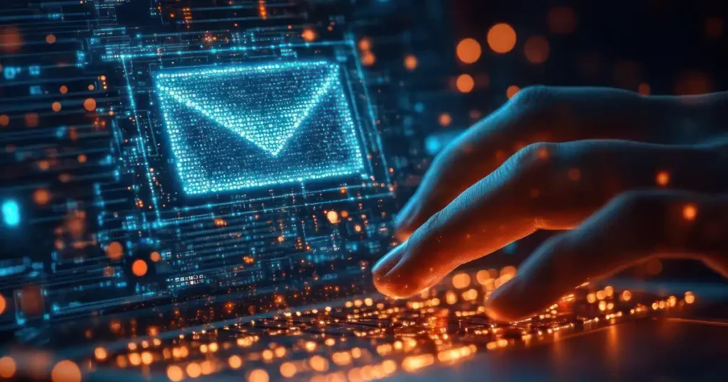 Sobre azul con un correo electrónico sobre un ordenador portátil y una mano escribiendo