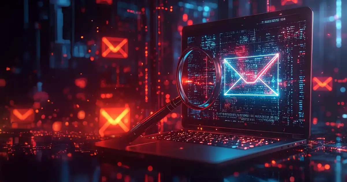 Lupa sobre un ordenador portátil con el icono de un sobre de correo electrónico en la pantalla