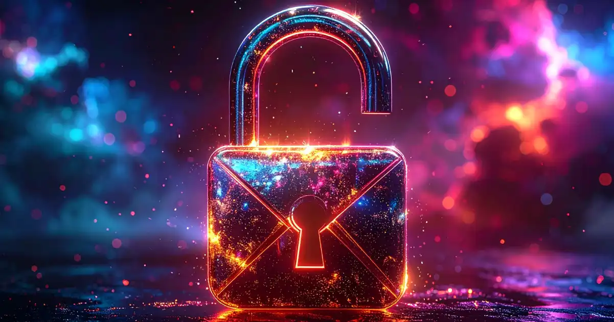 Candado digital de neón brillante en el ciberespacio