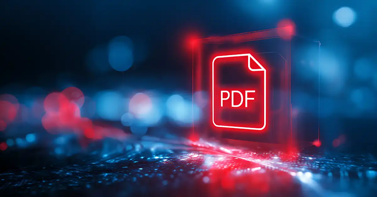 Icono de un archivo PDF de color rojo brillante sobre un fondo digital de alta tecnología