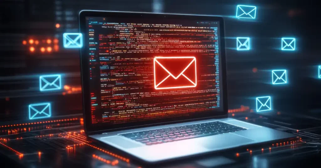 Icono rojo de correo electrónico en un ordenador portátil con código en la pantalla