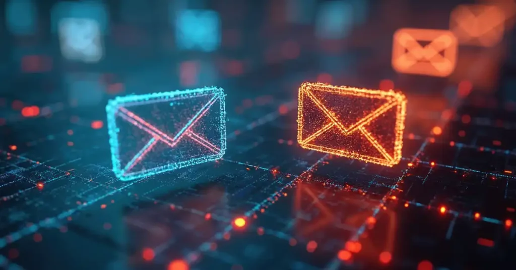 Sobres de correo electrónico azules y naranjas en un entorno digital