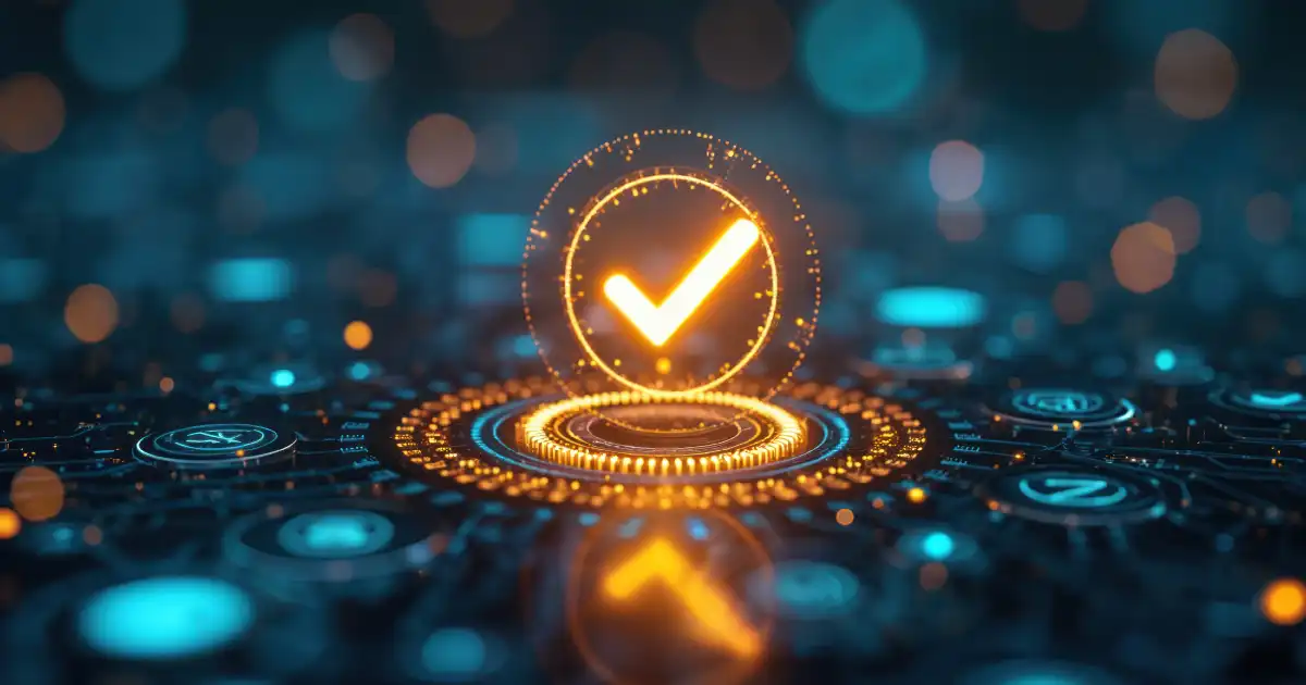Marca de verificación brillante sobre fondo digital