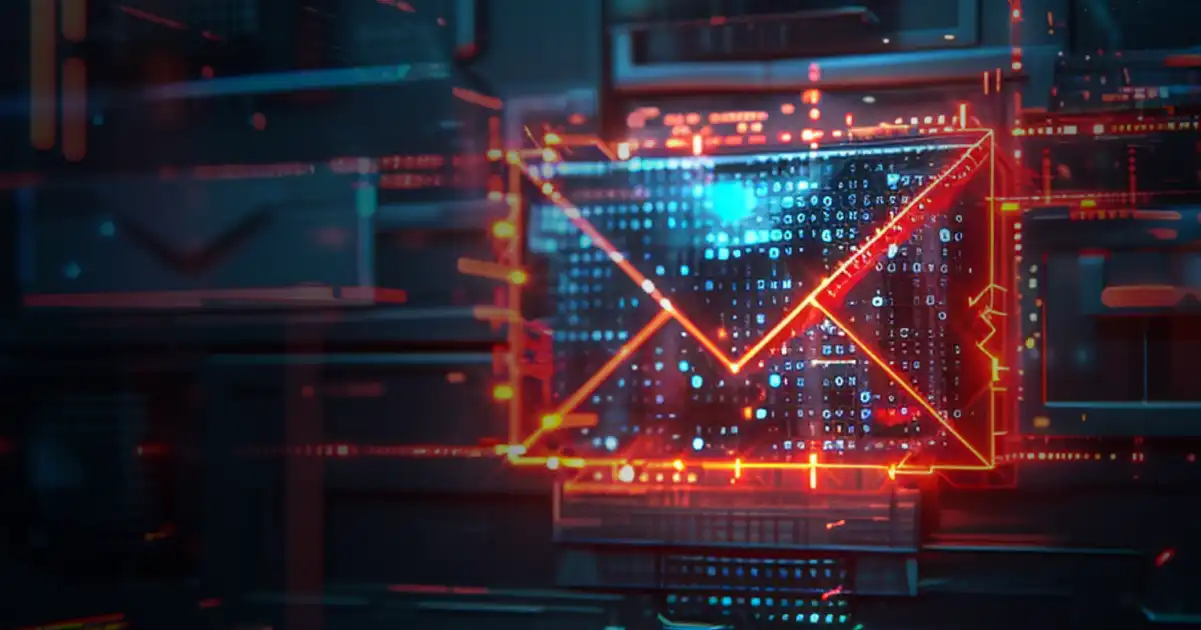 Icono digital de correo electrónico con puntos de datos luminosos rojos y azules
