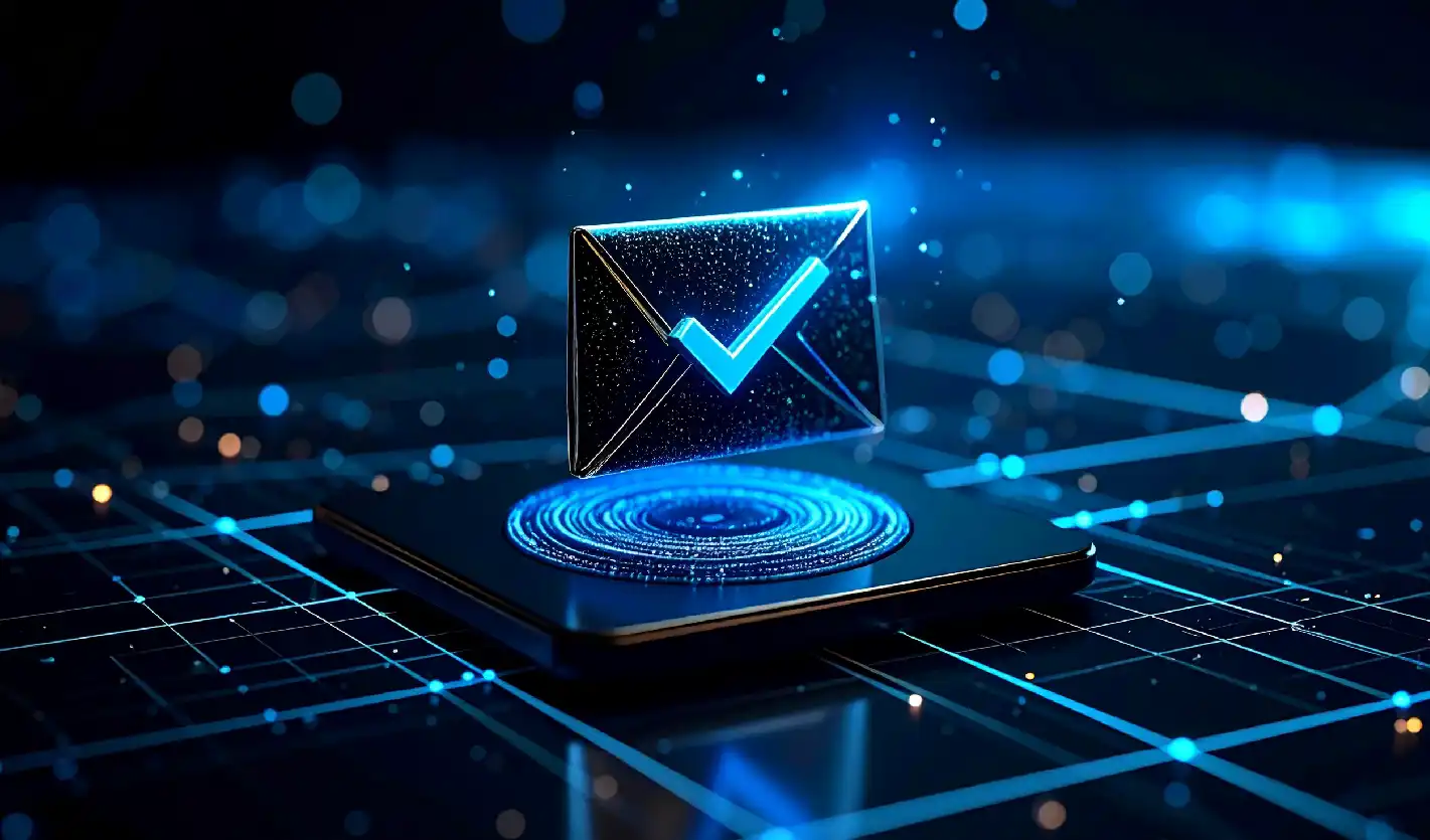 Sobre azul para correo electrónico en un entorno digital azul y negro