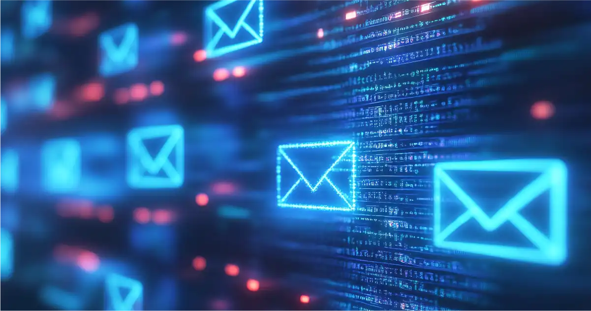 Sobres azules de correo electrónico flotando en el espacio digital