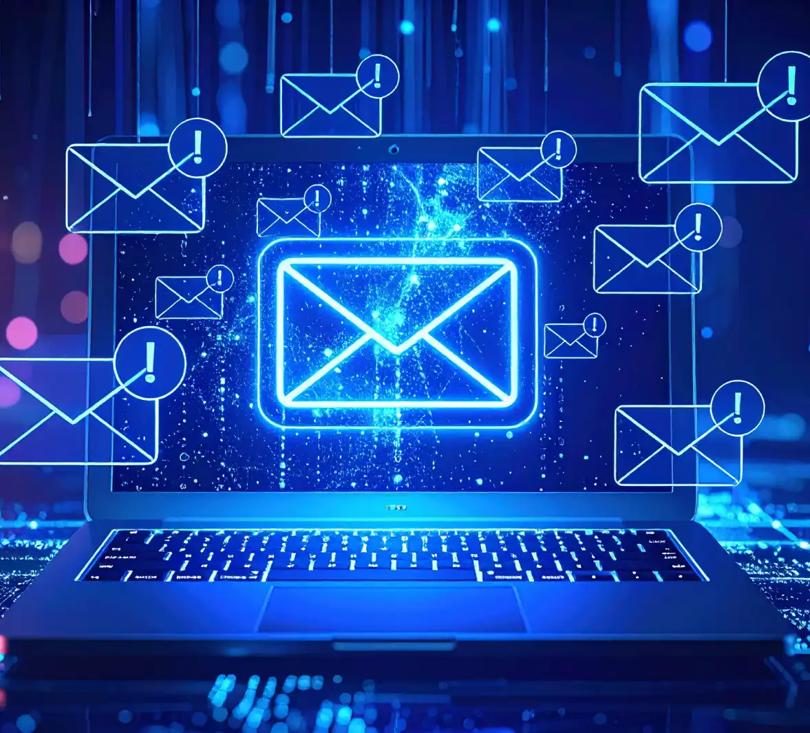 Sobres de correo electrónico flotando alrededor de un ordenador portátil en un entorno digital