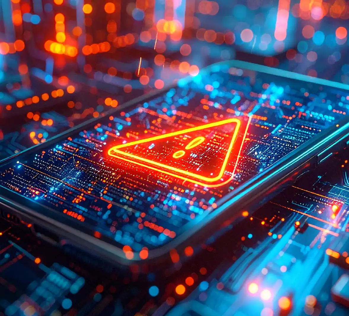 Icono de advertencia en un dispositivo móvil en un entorno digital